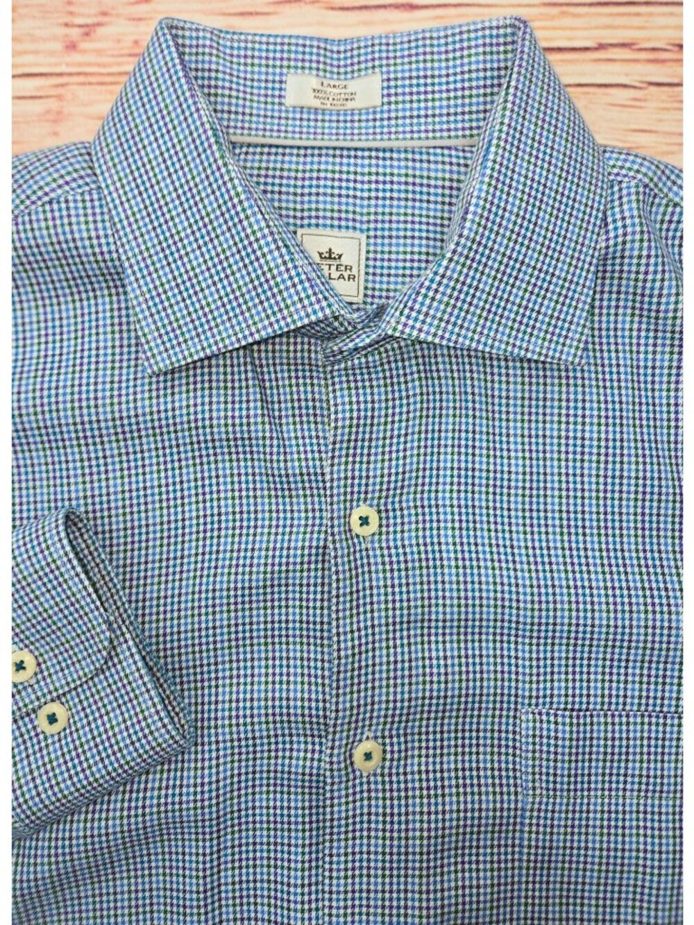 Peter Millar Mens Blue Plaid Long Sleeve Button-Up Shirt Large